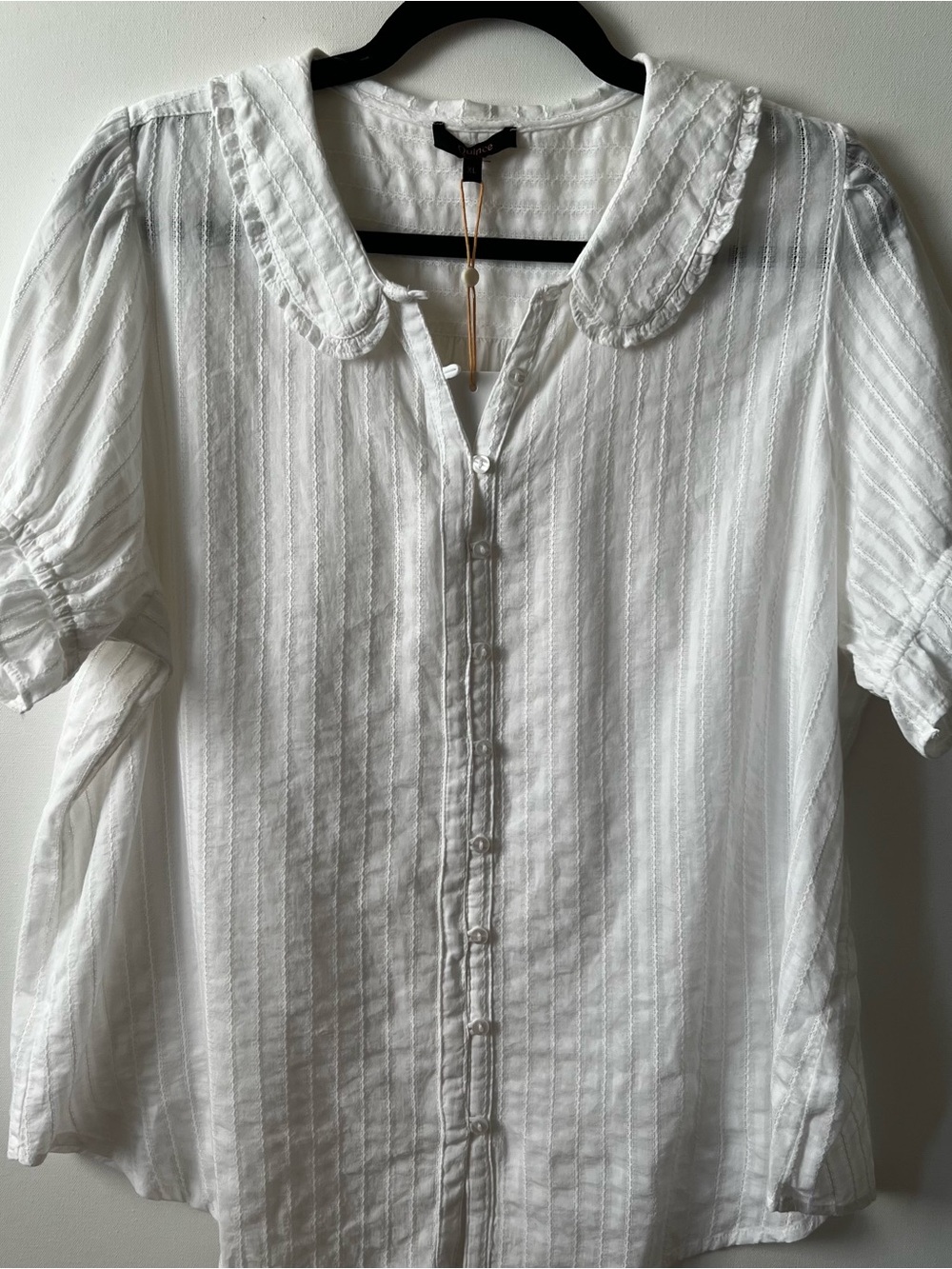 Quince White Textured Button-Down Top with Scalloped Collar